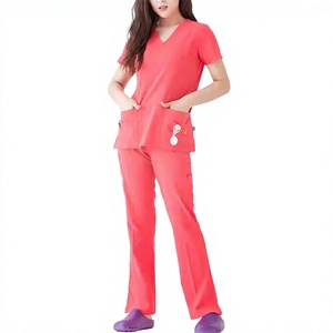 Ensembles de blouses et pantalons pour femmes en polyester et élasthanne, extensibles, pour infirmières, col en V, manches courtes, pantalon évasé, poche latérale, tissu tissé, usage hospitalier - Product Image 4