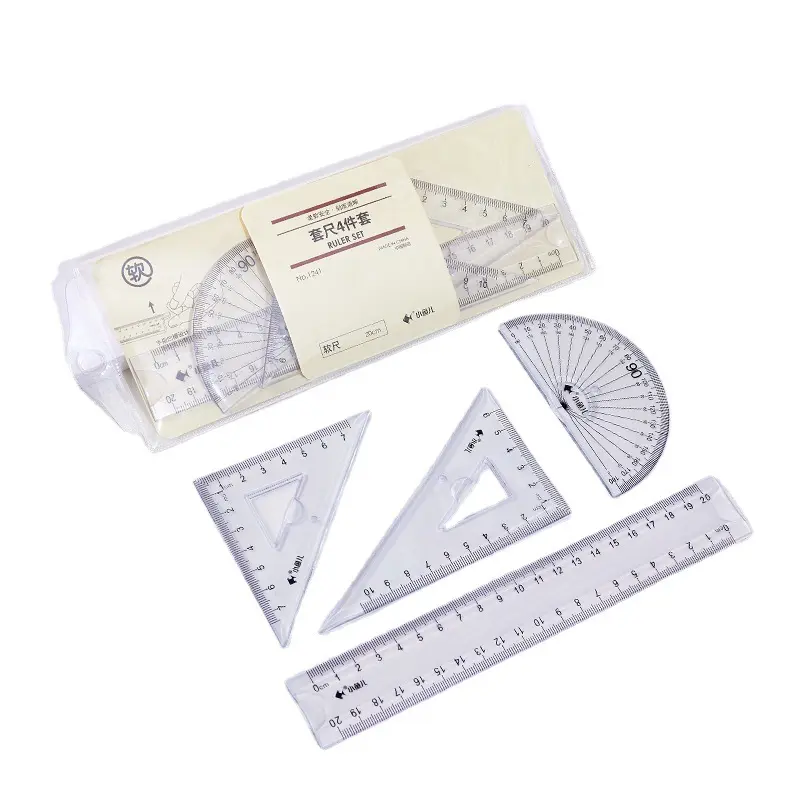 BEYOND 4pcs Multifunctional Geometric PVC Clear Friangle Flexible School Plastic Ruler Set for School kids