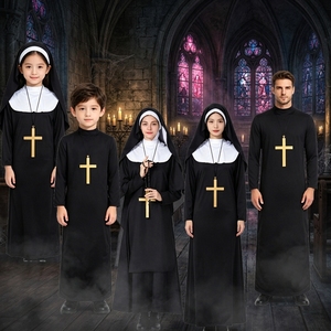 Disfraz de <span class=keywords><strong>Monja</strong></span> y Sacerdote para Niños y Adultos, Conjunto de Disfraces Religiosos con Collar de Cruz para Hombres y Mujeres, Cosplay para Fiestas - Product Image 1