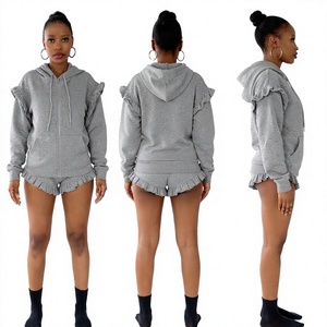 Conjunto de sudadera con capucha de 2 piezas para mujer, sudadera con cremallera, pantalones cortos con volantes, chándal, atuendo informal - Product Image 1