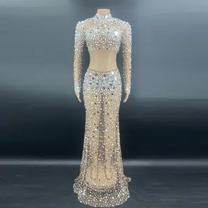 NOVANCE Y2038 2022 Arrival News Bright Crystal Crop Top Sexy Gowns For Ladies Evening Party Wear Transparent Dress Fashion Show