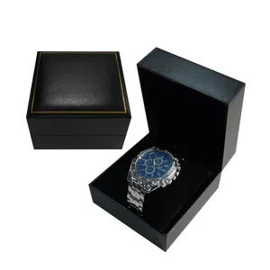 Caixa de presente para relógio de pulso de plástico, capa de papel preta chique OEM, caixa de exibição de armazenamento com enrolador de relógio único