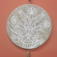Nouvelle Décoration Murale Ronde Style Art Déco Ferme, en MDF Blanc Lavé Sculpté, à Suspendre avec Corde