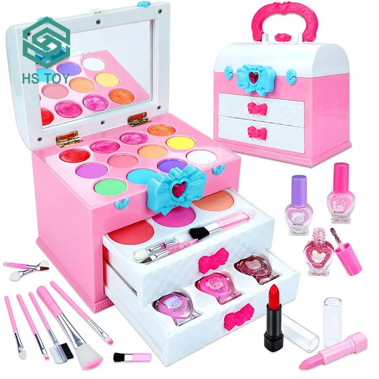 HS toptan prenses çanta oyna Pretend bebek makyaj fırçalar Set kutusu çocuk kozmetik durumda çanta yakut yay ile kızlar için