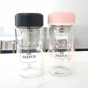 empty high-end water bottle glass borosilicate 390ml mineral spring water bottles for mineral water with screw lid pink black