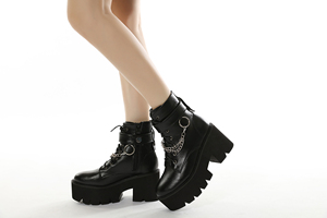 New Arrival High Heel Girls Ankle Booties Black PU Leather <strong>Boots</strong> Metal <strong>Chain</strong> 8 cm Thick Soles Cosplay Women Shoes - Product Image 4