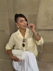 Camicia da Donna a Maniche Lunghe con Bottoni, Elegante Tinta Unita, Blusa Casual con Dettaglio Tasca Ricamata - Product Image 2