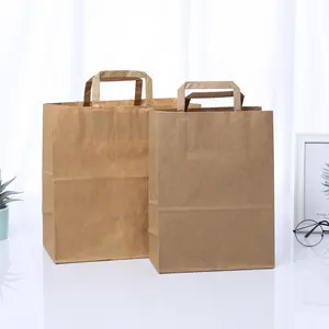 Custom logo eco friendly flat handle brown fast food take away kraft paper bag shopping paper bag