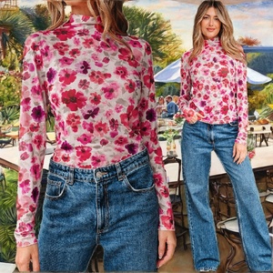 Dear-Lover Blusa de malla de manga larga con estampado floral rojo de moda para mujer, corte ajustado, estilo casual occidental, boutique, otoño primavera, teñido liso - Product Image 1
