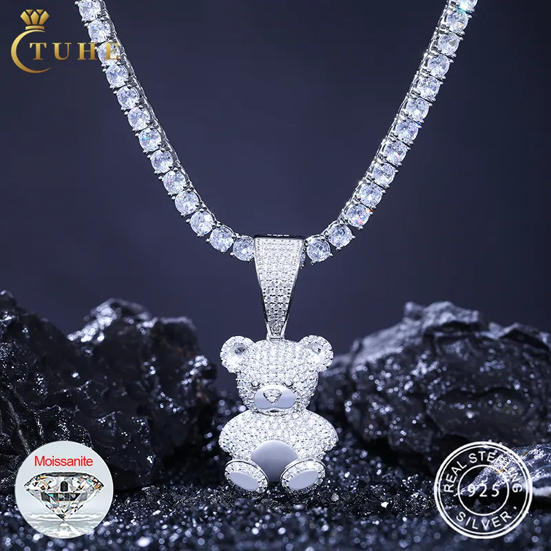 Bán buôn hip hop đồ trang sức 925 sterling Silver vượt qua Kim Cương Tester vvs moissanite Iced ra dễ thương Gấu Bông Mặt dây chuyền vòng cổ