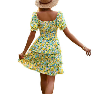 Vestido Corto Informal de Verano con Estampado Floral, Cintura Imperio, Hombros Descubiertos, Estilo Línea A, Hecho a Mano - Product Image 6