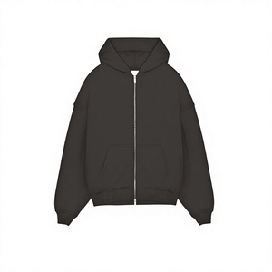 เสื้อฮู้ดซิปผู้ชายทรงโอเวอร์ไซส์ สีดำล้วน ผ้าฟลีซ สวมใส่สบายๆ สำหรับฤดูใบไม้ร่วง ทรงปกติ แขนยาว มีกระเป๋า - Product Image 2
