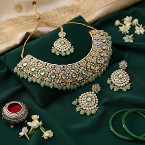 High Quality Ethnic Kundan Green Zircon <b>Beads</b> Pearl Bridal Choker Necklace Earrings Tikka <b>Set</b> Gold-Plated Alloy Third Jewelry - Product Image 3