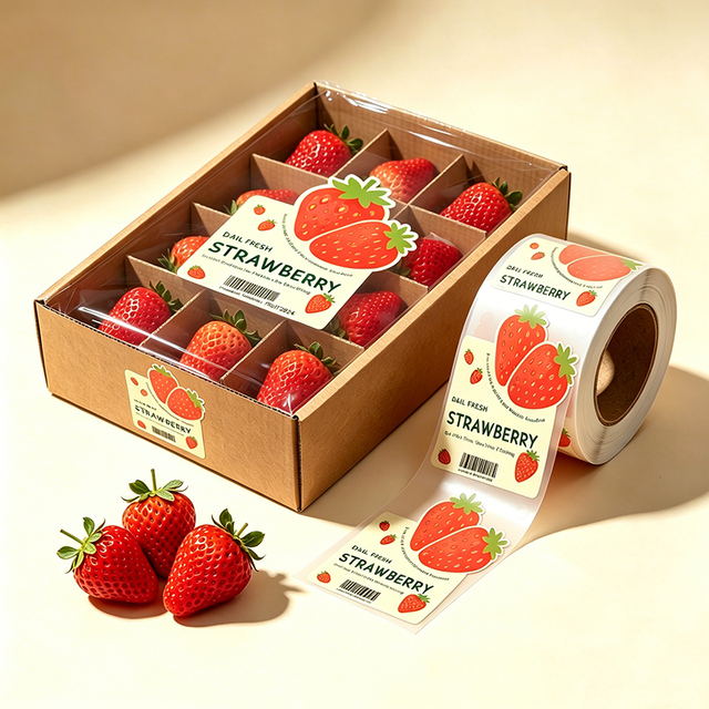 Customized Promotional Strawberry Fruit Stickers PVC Barcode Waterproof Heat-Resistant Adhesive Stickers for Fruit Packaging