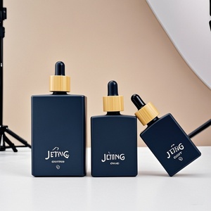 Stock 50ml Square Empty Essential Beard Oil <b>Flat</b> Shoulder Rectangular Frost Black Glass Dropper Bottle with Bamboo Dropper Cap - Product Image 3