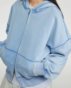 Custom Streetwear Rhinestone Double <strong>Zipper</strong> Cotton <strong>Hoodie</strong> <strong>Women</strong> Acid Wash Oversized Blank Zip up <strong>Hoodie</strong> - Product Image 2