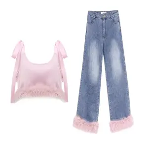 New Fashion Summer Faux Fur Decoration Top Tank with Jean Big Girls Clothing Sets Casual for size 12-14