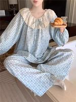 Piyama Elegan untuk Wanita Versi Korea Gaya Putri Manis Gaun Tidur Lengan Panjang Longgar Motif Kotak-kotak Bunga Kecil Set Dua Potong