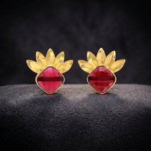 Arrival Brass 14K Gold Plated Ethnic Small Stylish <b>Hook</b> <b>Earrings</b> Flower Petal Design Red Ruby Hydro by Gemstone Unisex - Product Image 4