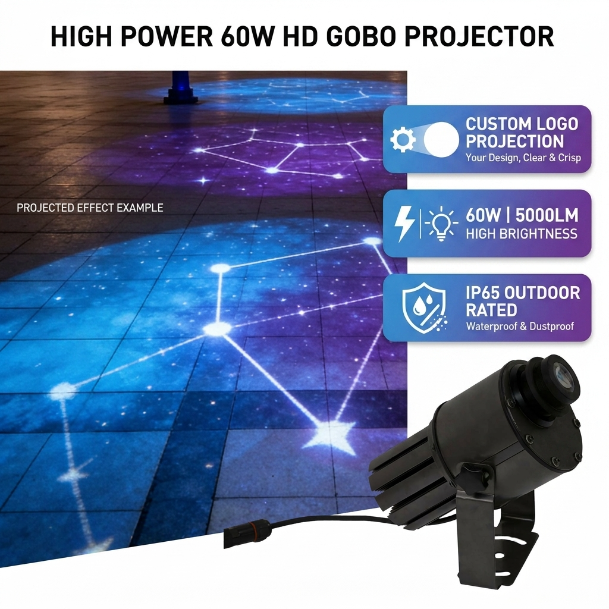 60W IP65 Waterproof HD Logo Projector Advertising Light Outdoor Gobo Projector Ground Pattern Sign Custom Spotlights