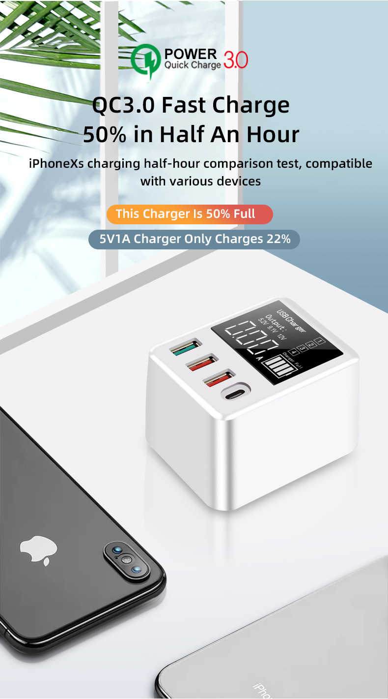 40W Quick Charge 3.0 USB Charger PD Type C HUB LED Display Wall Charger Fast Mobile Phone Charger For iPhone Samsung USB Adapter