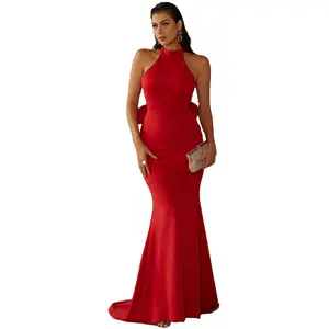 Ärmelloses einfarbiges sexy Abendkleid Hohe Taille Blumen Frau Party kleid Boden lange rote formelle elegante Kleider