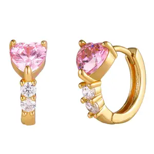 Jóias de moda Prata 14K 18K Ouro Vermeil Rosa Coração Cubic Zirconia Pequeno Brinco De Ouro Huggie Hoop Earrings