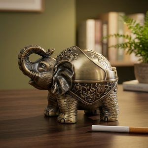 <b>Vintage</b> Brass Elephant Desktop <b>Ashtray</b> With Intricate Carving Design For Home Decor - Product Image 2