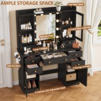 Ensemble de coiffeuse moderne de luxe en bois de bouleau avec miroir éclairé par LED, prise de courant, table de maquillage écologique, tiroirs, banc de rangement