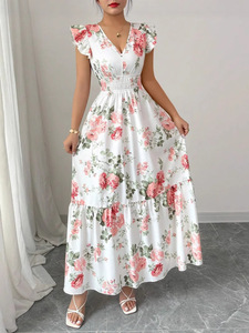 Summer Breathable Elegant Temperament Casual/Formal Commuting Ladies Sleeveless V-neck Floral Print Hem Ruffle Natural Waist - Product Image 5