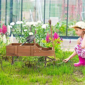 Petit chariot de jardin décoratif avec roues en métal lits surélevés en bois support de pot de plantes pour l'emballage de carton de patio de jardin d'arrière-cour - Product Image 5