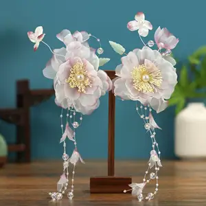 Hera, novo chapéu feminino antigo Hanfu Xianqi, flor de seda roxa diária, aba de passo com franjas pérolas para clipe, novidade