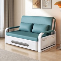 Sofá Cama con Mecanismo Extraíble y Bolsillo de Almacenamiento para Sala de Estar, Estructura Blanca, Tapizado en Cuero PU, Color Beige Verde Azulado, con Ruedas