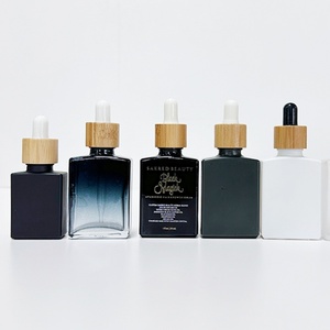 Custom Frosted Amber square <b>Dropper</b> <b>Bottle</b> 30ml Rectangle square Black White Amber Frosted Brown Glass Bamboo <b>Dropper</b> <b>Bottle</b> - Product Image 1