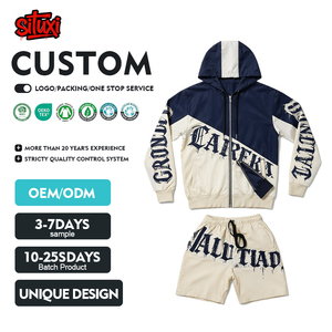 Ensemble de survêtement streetwear chicano personnalisé pour <span class=keywords><strong>homme</strong></span>, coupe-vent à <span class=keywords><strong>capuche</strong></span> zippé et short assorti, imprimé lettres gothiques effet goutte, bicolore - Product Image 1