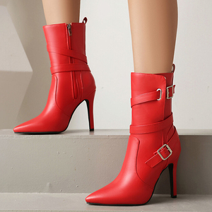 Belt Metal Buckles Dress Stiletto <b>Shoes</b> High Top Ankle Boots Sexy Women's Short Boots Slim High Heels Booties Large Size 48 - Product Image 4