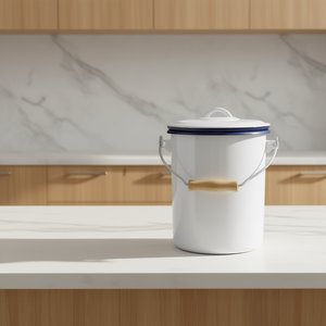 KARL KRGER Waste <b>Bin</b> Husum White Enamel With <b>Lid</b> And Wooden Handle 10 Liter Capacity - Product Image 3