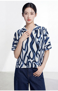 PY Korean Style Casual Geometric Loose Pleated T-shirt Women Fashion Print Stand Collar Short Sleeve Blouse 100% Polyester Bulk - Product Image 5