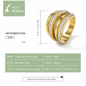 Anillo de Zirconia Triple Acanalado de Acero Inoxidable con Baño de Oro de 14K al Vacío, Banda Ancha con Dos Filas de Zirconia Transparente - Product Image 3