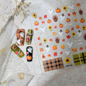 Autocollants 5D en relief pour ongles d'Halloween - Motifs 3D de personnages de dessins animés, motifs citrouille et fantôme pour la décoration des ongles de fête - Product Image 3
