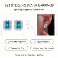 Boucles d'oreilles clous en argent sterling 925, zircon cubique bleu taille émeraude, avec halo, hypoallergéniques, bijoux d'oreille pour femme, usage quotidien