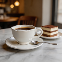 Ensemble tasse à café et soucoupe en céramique à bord festonné, personnalisable avec marque privée, en porcelaine blanche vintage, pour latte, vente en gros pour cadeaux et hôtels