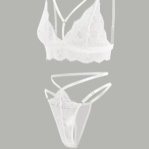 Ensemble soutien-gorge push-up à trois points avec bretelles croisées et lacets, motif floral fin, lingerie de nuit transparente en jersey pour femme - Product Image 1