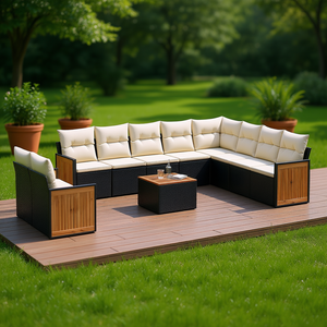 Conjunto de Sofás Modulares de Ratán PE Negro para Jardín, 10 Plazas, Muebles de Exterior de Diseño Contemporáneo con Paneles de Madera de Teca - Product Image 2