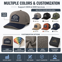Casquettes de camionneur personnalisées brodées, dos en maille, structurées, gris marine, avec patch appliqué, couronne haute, pour usage urbain et extérieur, vente en gros