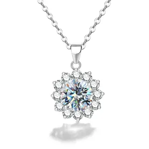 럭셔리 웨딩 다이아몬드 보석 태양 꽃 모양 1-5CT VVS D 컬러 다이아몬드 목걸이 여성용 925 스털링 실버 체인
