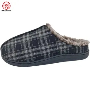 Cozy Slippers Mens Fuzzy Slippers Cozy Memory Foam Plaid Fabric Plush Fleece Lined House Slippers Warm Anti-Skid Indoor Outdoor Shoes