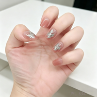 24 faux ongles en PMMA rose dégradé avec motif papillon argenté et cristaux, brillants, réutilisables, avec colle, kit de manucure élégant à faire soi-même