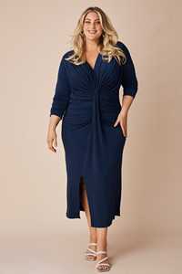 Robe Kristen à col en V et nœud frontal complexe, respirante, élégante, fluide, longueur genou avec fente frontale discrète - Product Image 3