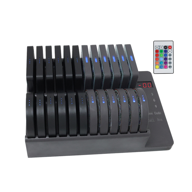 Bar Restaurant Long Distance 1 Transmitter and 24 Pagers Wireless Queue System Guest Paging Coaster With LED Table Light Device